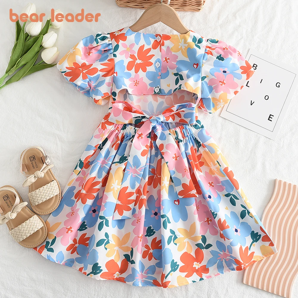 Bear Leader 3-7 Years Old Flower Print Girls' Dresses Summer Fashionable New Leisure Vacation Short Sleeved Hollow Dress