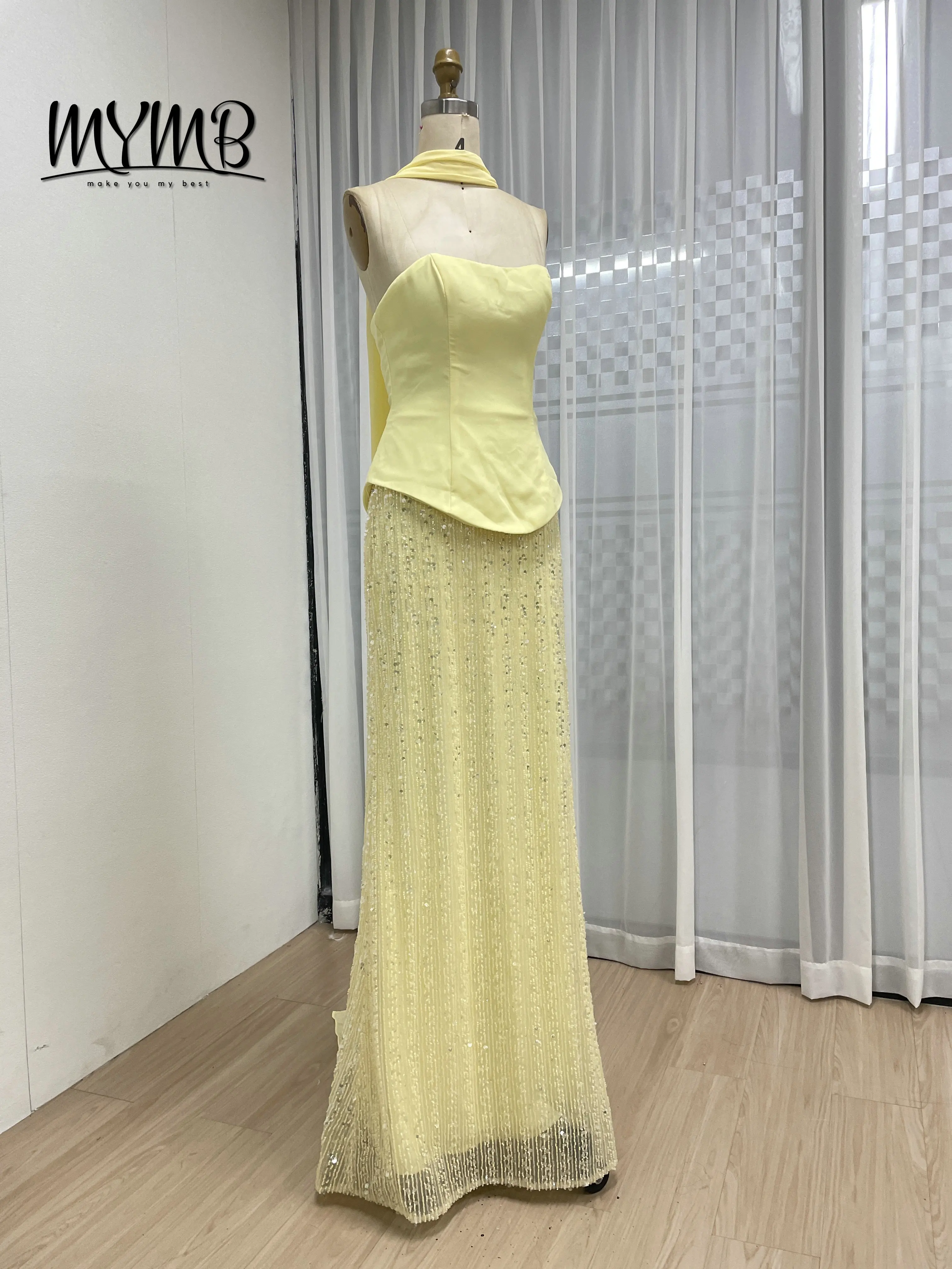 فستان سهرة حورية البحر أصفر أنيق أنيق من MYMB مزين باللؤلؤ مع وشاح شيفون 2026 للحفلات الراقصة MY30200
