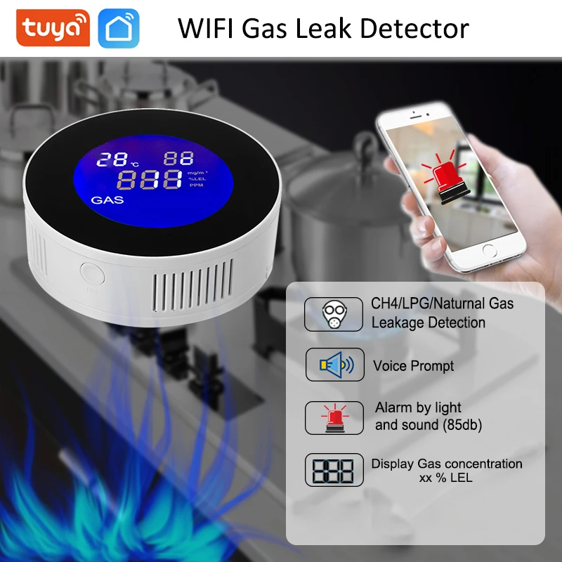 WIFI Tuya Natural LPG Gas Leak Detector with Electric Solenoid Valve Automatic Smart Shut Off Methane CH4 Leakage Alarm Sensor