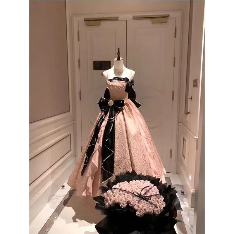 

Elegant Heavy Craft Black Pink Evening Dress Lolita High-end Adult Ceremony Host Annual Meeting Strap Princess Dress