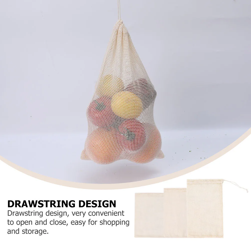 

3Pcs Cotton Mesh Drawstring Storage Bag Fruit Vegetable Pouch Portable Reusable Kitchen Shopping Bag Shopping Pouch