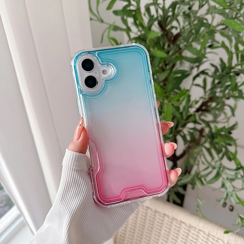 2in1 Luxury Gradient Color Blocking Transparent Phone Case For iPhone 16 15 14 13 12 11 Pro Max Plus Shockproof Clear Case Cover