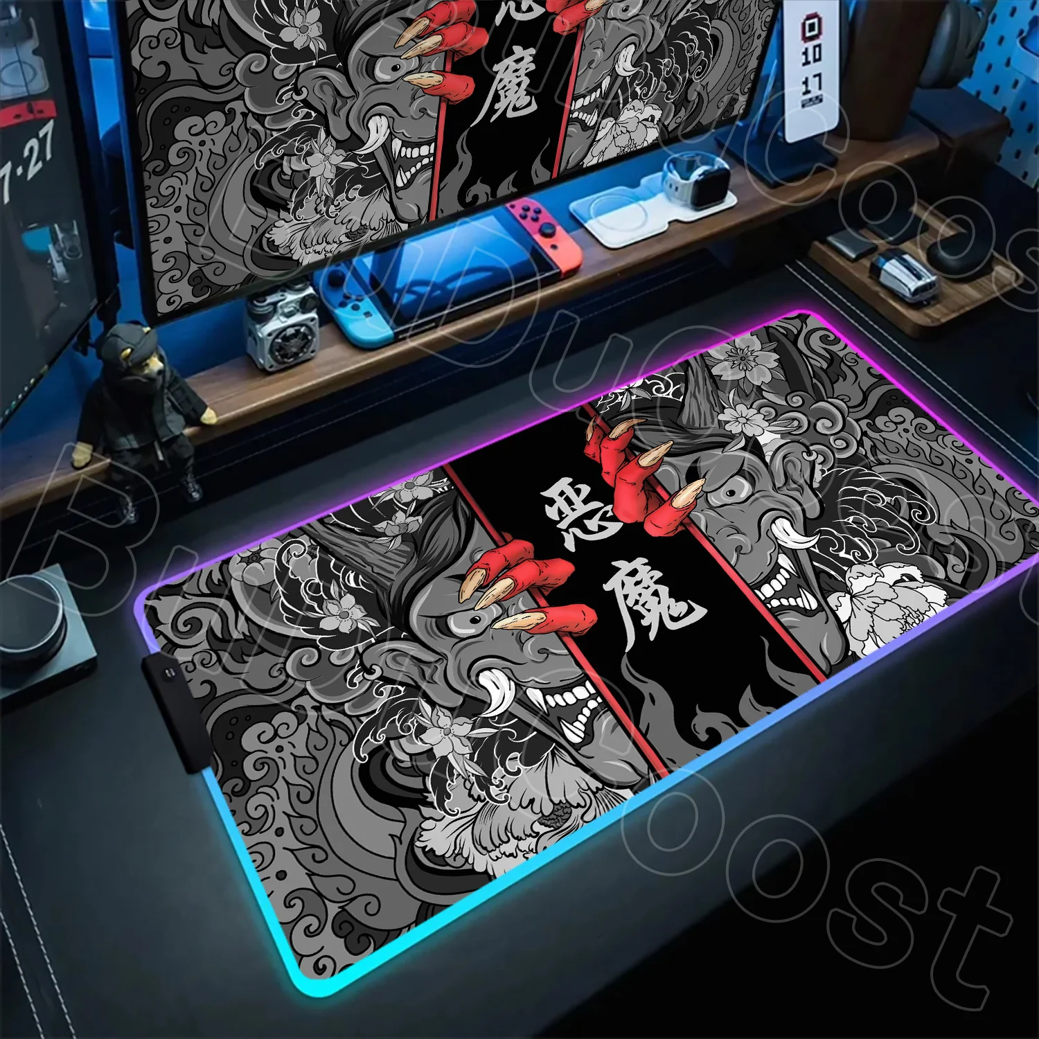 

Gaming RGB Mousepad Japanese Samurai Devil Rubber Desk Mats Black Ghost Face Gamer Keyboard Mouse Pad Glowing Carpet Accessories