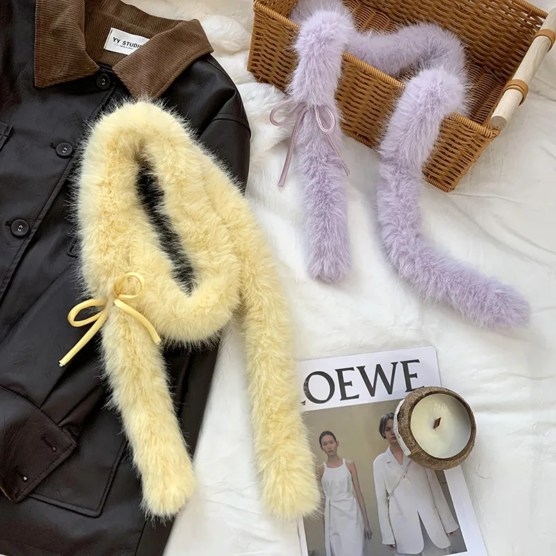 وشاح طويل من الفرو للنساء بفيونكة شعر أرنب صناعي شتوي وردي سميك دافئ يقلد أرنب كوري ياقة من الفرو الاصطناعي كاواي #5