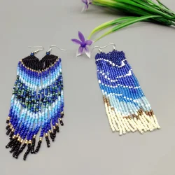 Rice bead earrings Hand woven fashion graphical Long tube Beading Simplicity Bohemia alloy ma'am Fringed earrings