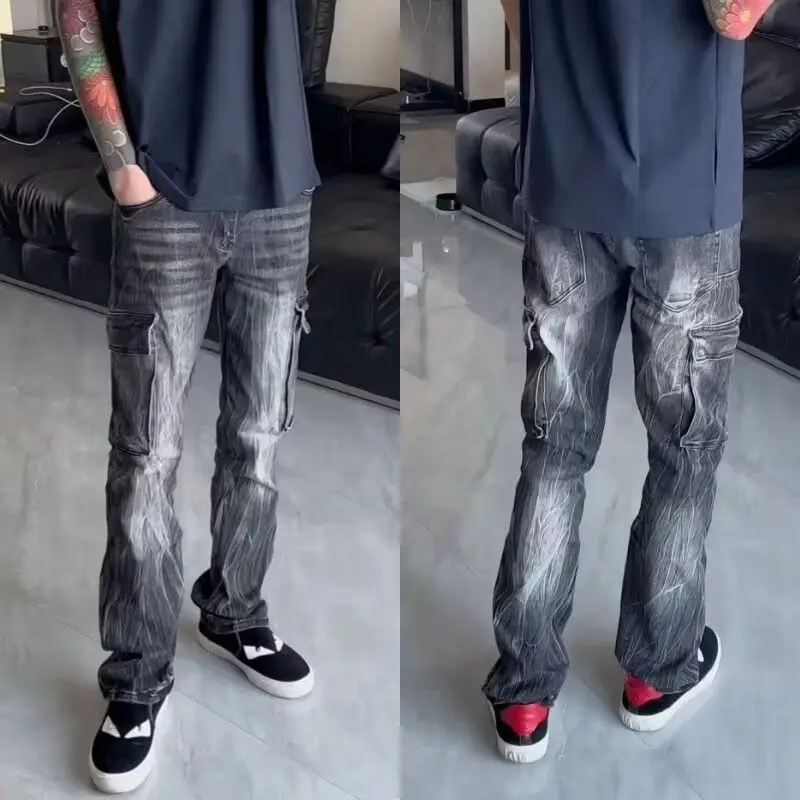Cleanfit 3D Digital Print Distressed Washed Wide Leg Men's Jeans Slim Fit Long Pants American High Street Style Polyester Cot...