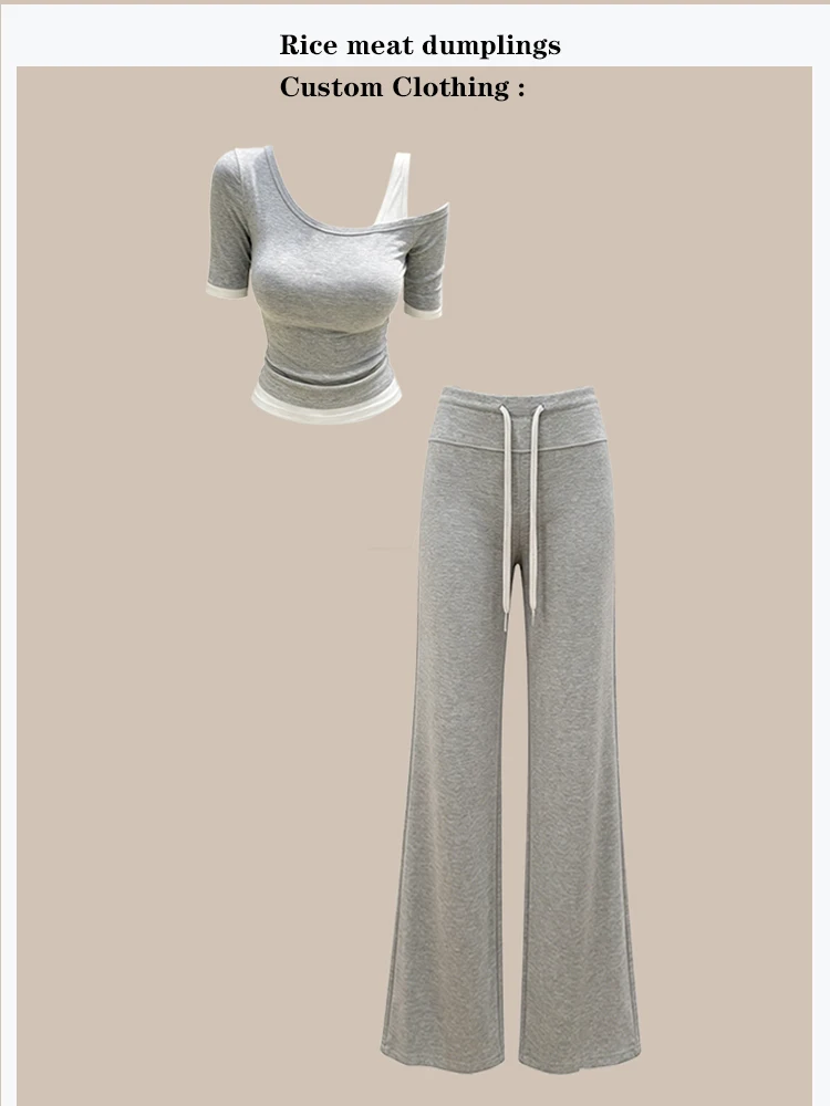 

Gray Warm Interval Casual Sports T-Shirt Waist-Cinching Elastic Flared Pants Two-Piece Set Women's Fashion Summer Outfit