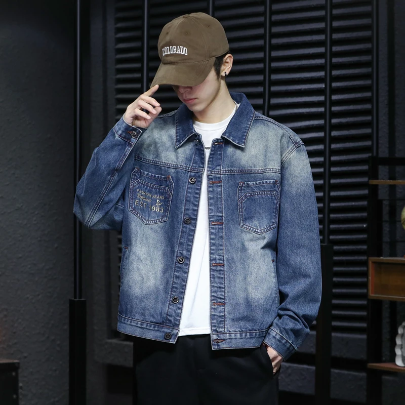 2024 New European and American High Street  Embroidered Coat Men's Loose Long sleeved Top Casual Clothing denim jacket men