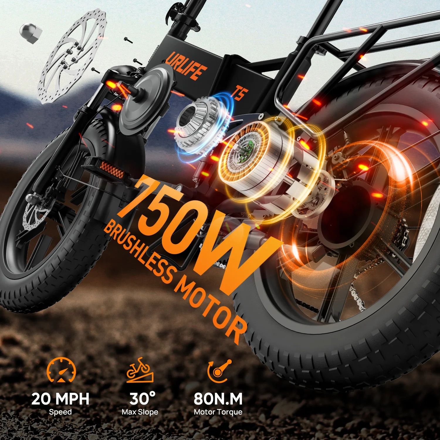URLIFE T5 Foldable Electric Bike, 20 Inch Fat Tire Adult E‑Bike, 48V Removable Battery, Long Range Up to 80 Miles, Full Suspension All‑Terrain Electric Mountain Bicycle