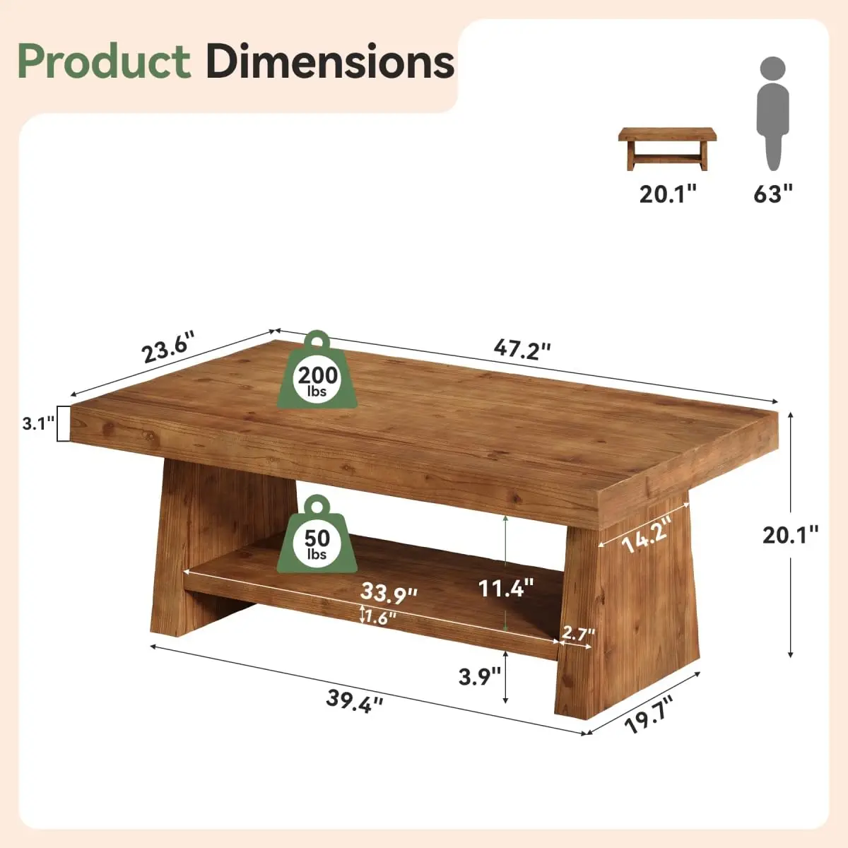 Solid Wood Coffee Table 47-Inch Farmhouse 2-Tier Rectangular Center Table Storage Living Room Apartment Office, Customized