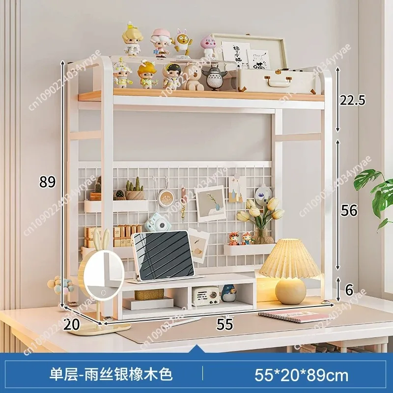 Bookshelf Bookcase with Grid Desktop Multi-layer Wrought Iron Shelf Student Computer Desk Table Hole Board Table Wooden Shelves