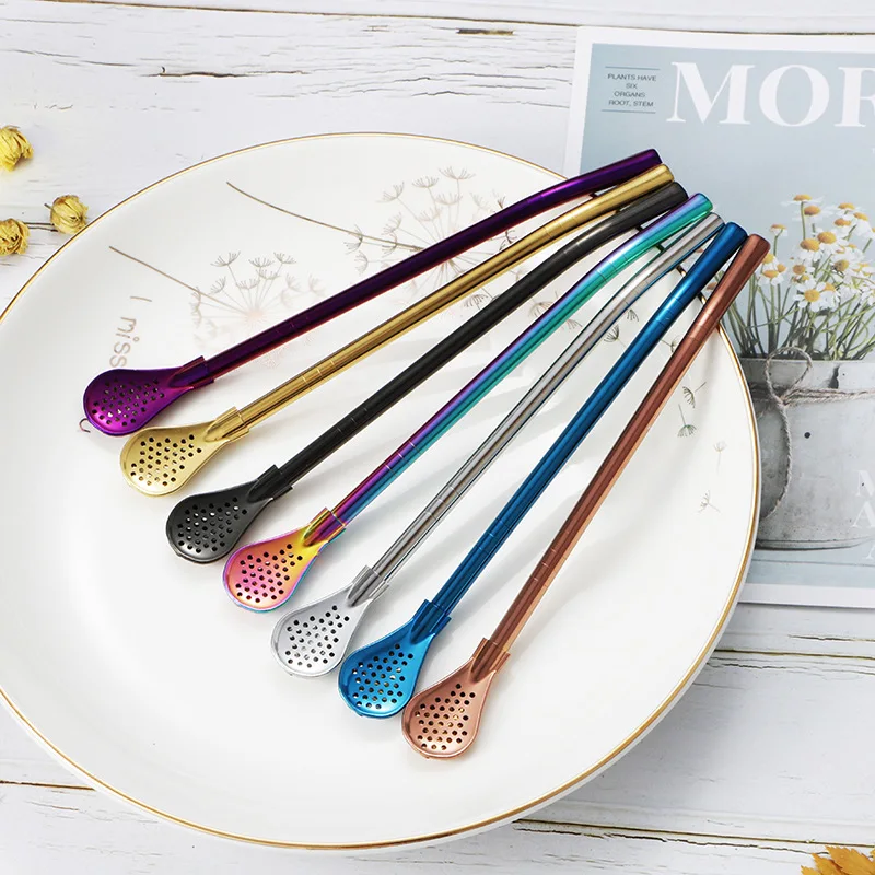 304 Stainless Steel Straws Slotted Spoon Detachable Straw Colander For Tea Leaking Coffee Juice Residue Milk Stirring Scoops