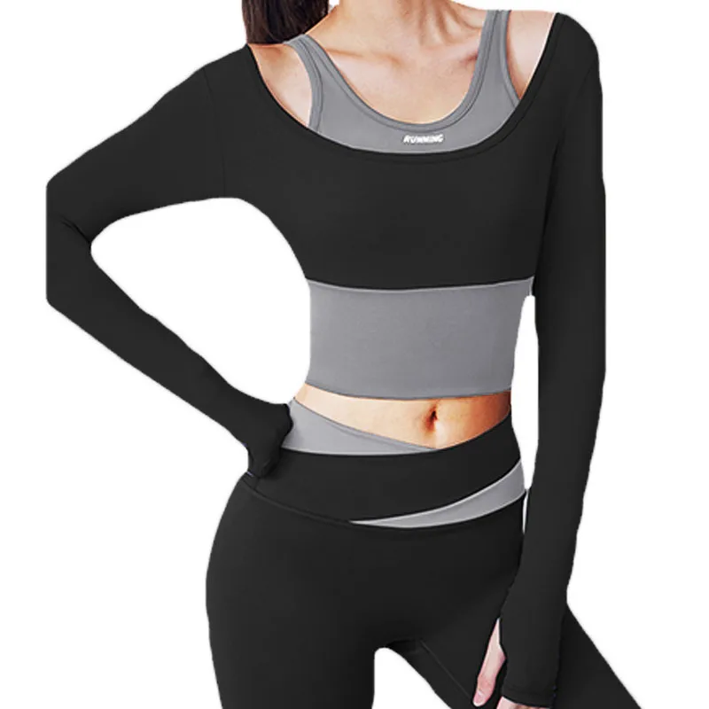 Aiithuug Build-in Cup Gym Crop Tops Yoga Shirts Gym Shirts Sports Workout Top Sexy Shoulder Fake Two Pieces Yoga Long Sleeve