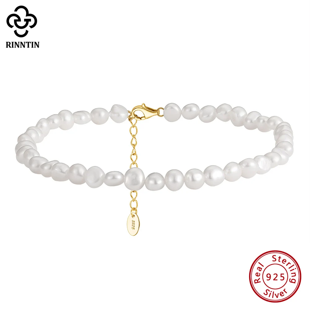 

Rinntin 925 Sterling Silver Natural Baroque Pearl Anklets for Women Fashion 14K Gold Foot Bracelet Ankle Straps Jewelry SA39