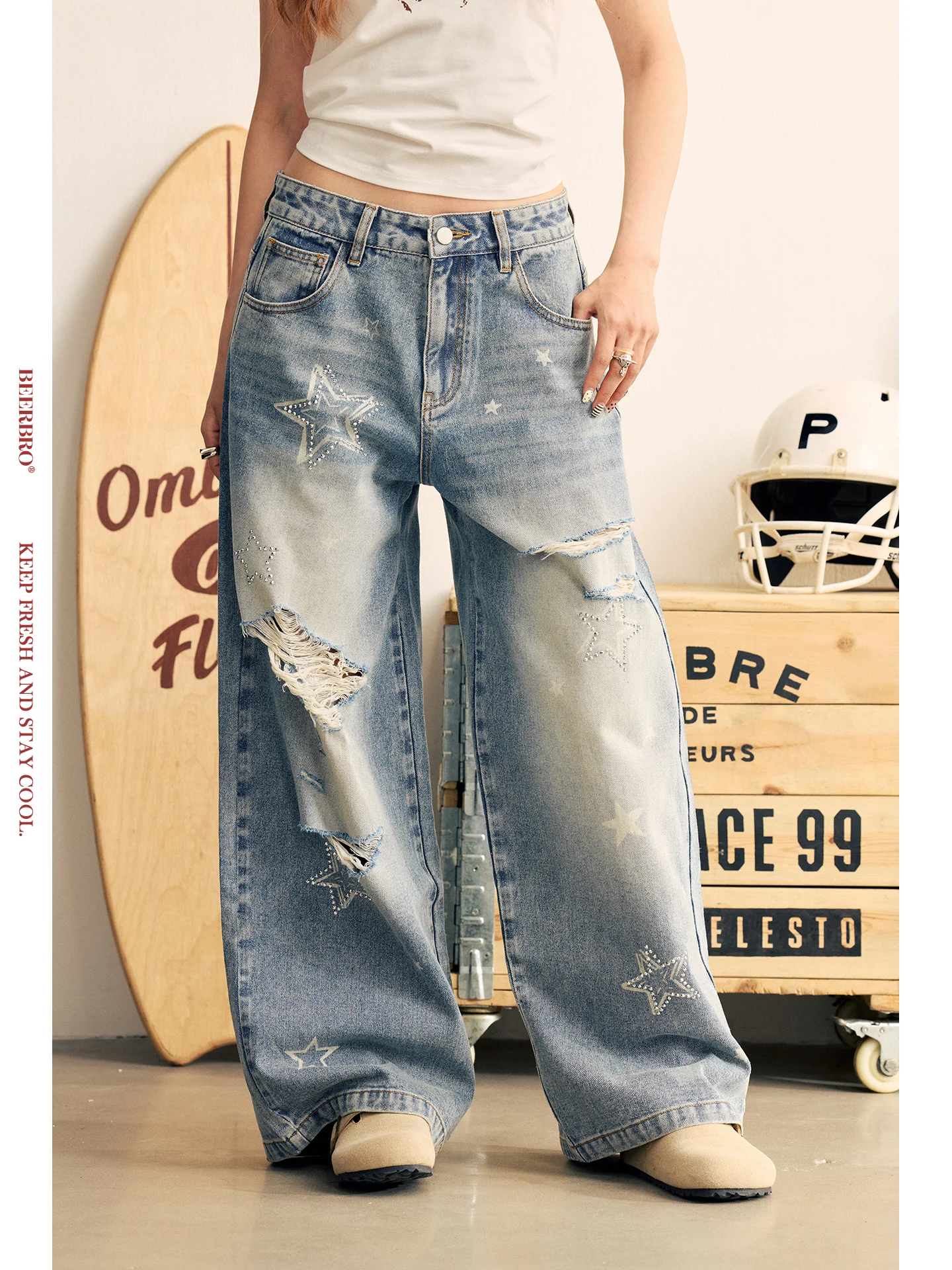 

BeerBro Festival Music Star Rhinestone Wearable Blue Jeans Wide Leg Pants Distred Light Blue Loose Fitting Ladies Jeans