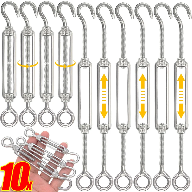 

10/1PCS Heavy Duty Stainless Steel Hook and Eye Tensioners Adjustable Turnbuckle For Outdoor Shade Sail Clothesline Garden Wires