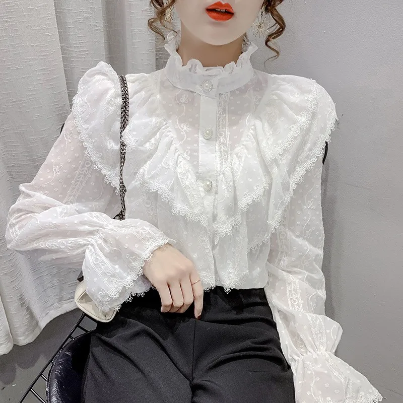 Vintage Lolita Chiffon Shirt Ruffle Stitching Elegant Lace Blouse Korean Style Long Sleeve Stand Collar Loose Chiffon Shirts