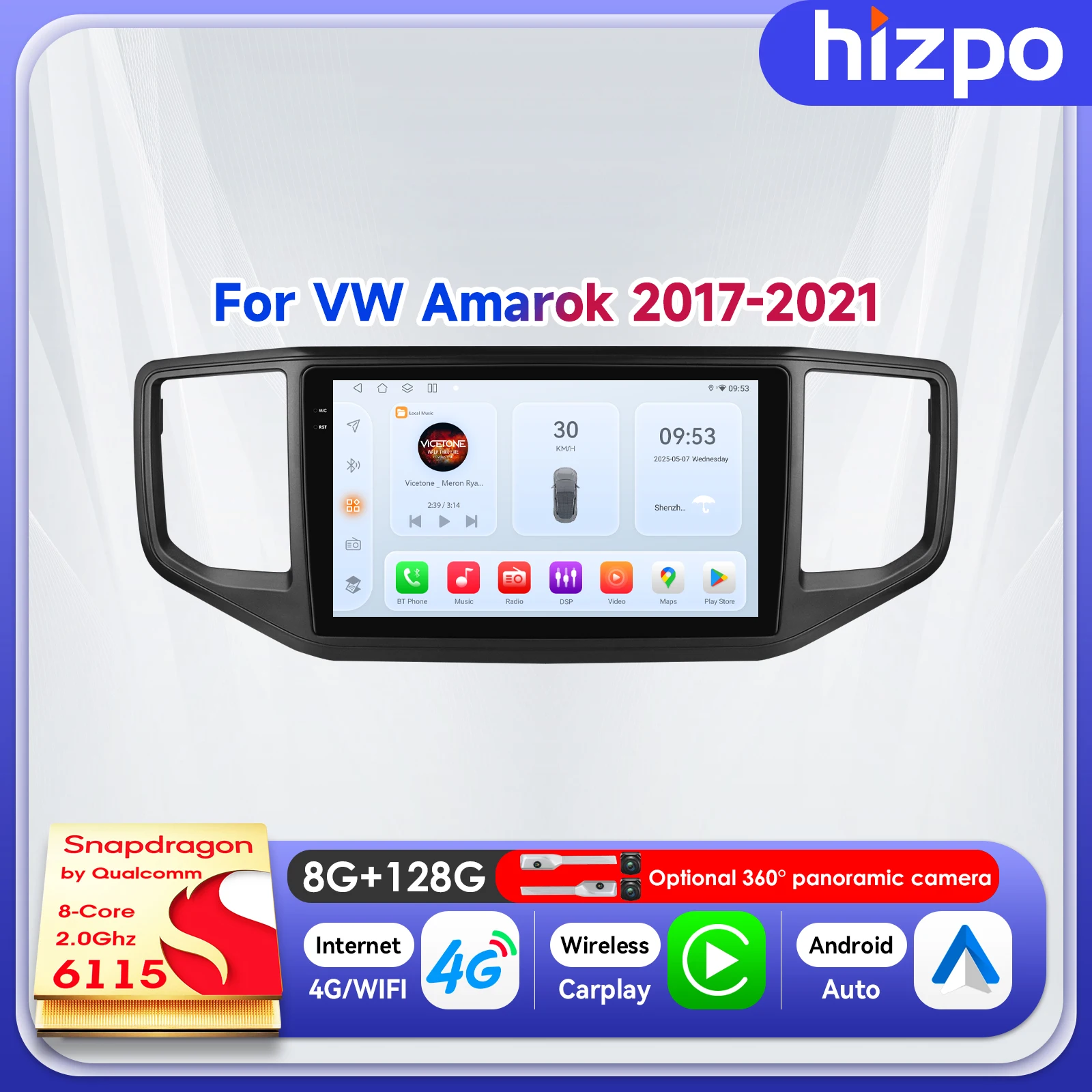 

Автомобильная мультимедийная система Hizpo 9" Smart Car Player WIFI QLED для VW Volkswagen Amarok 2017-2021 с Carplay, Android 14, голосовым управлением AI и Bluetooth
