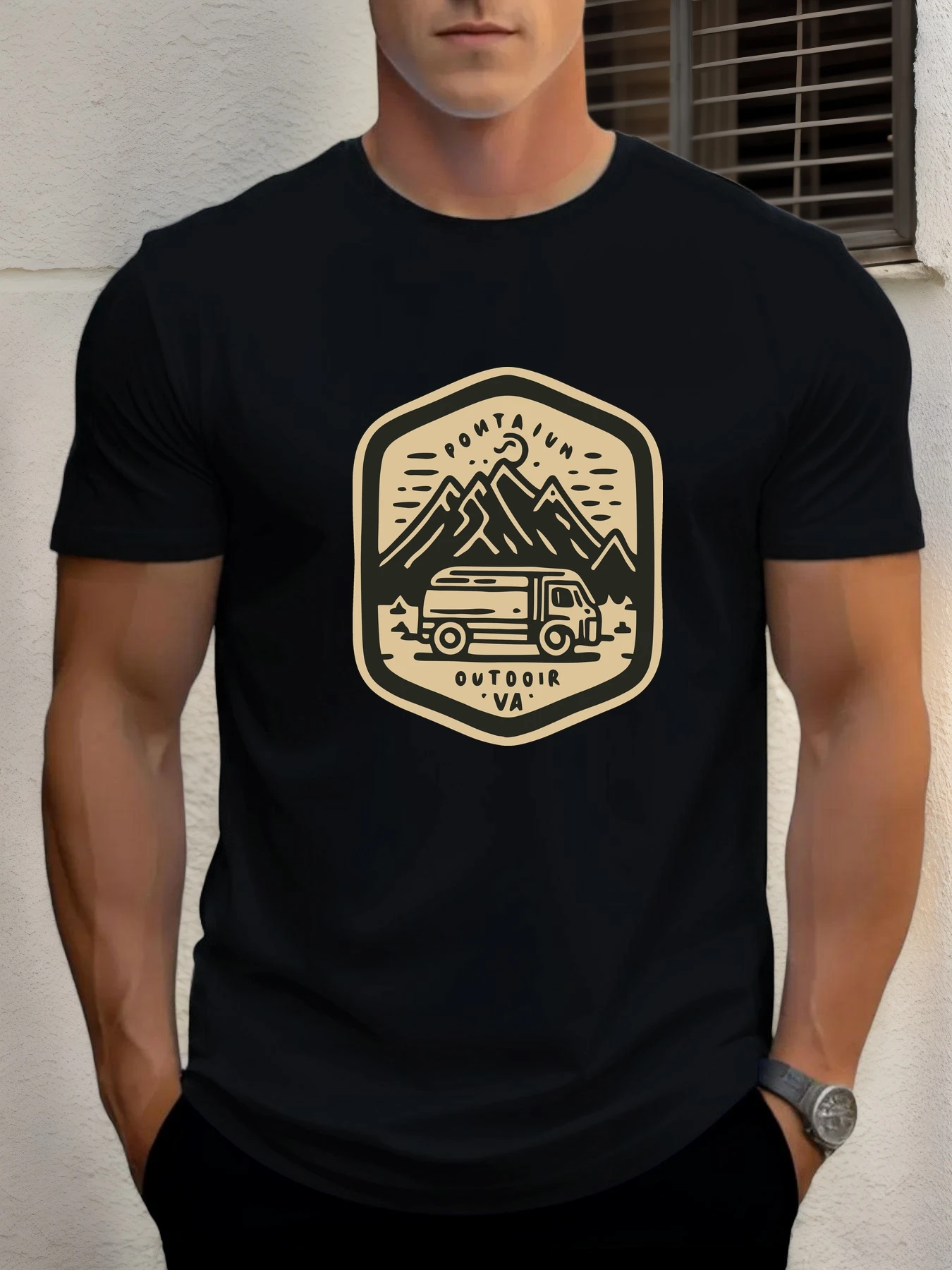 

Men's cotton T-shirt, summer round neck short sleeves, RV mountain print breathable street clothing fashion cool T-shirt