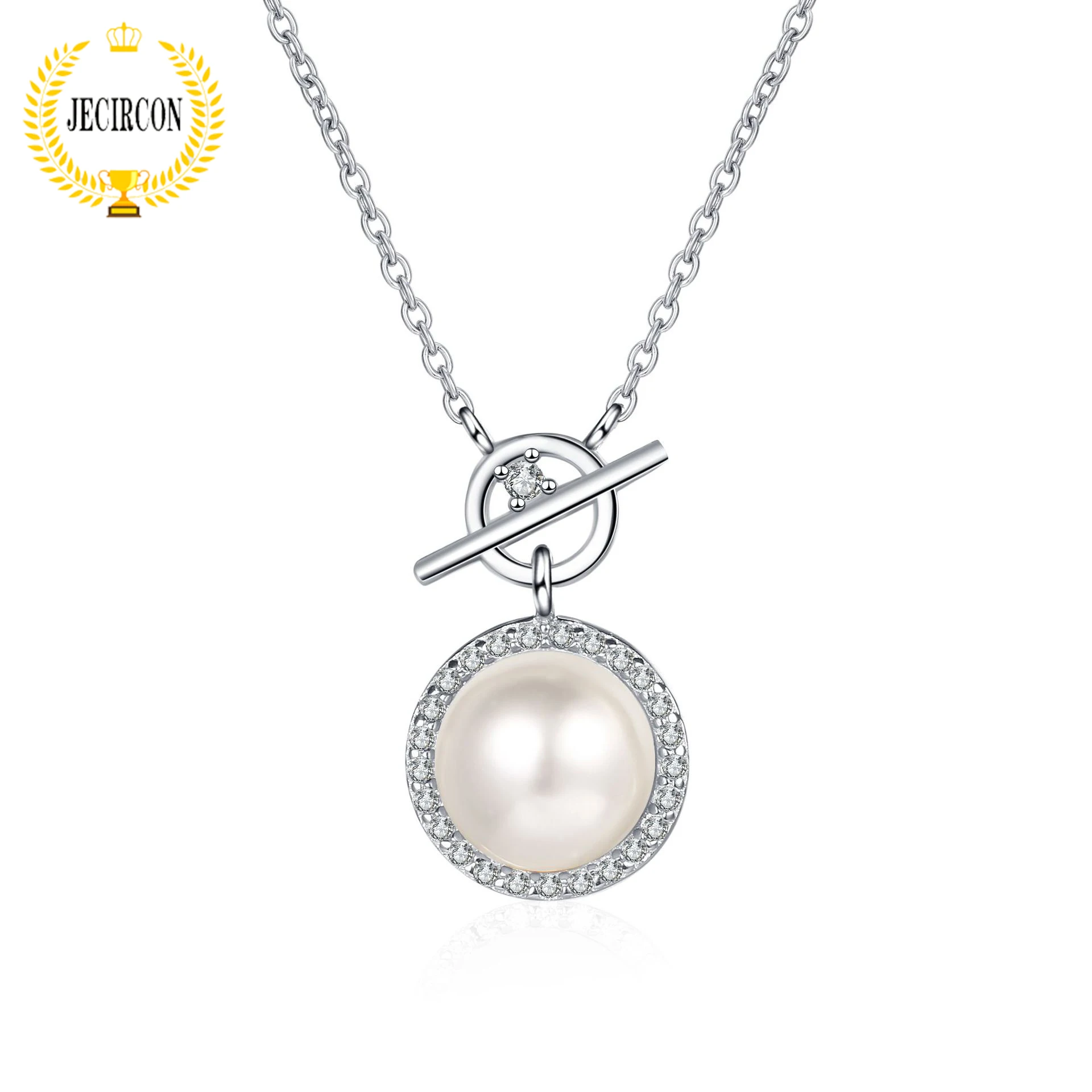 

JECIRCON 925 Sterling Silver Necklace for Women 8-9MM Flawless Freshwater Pearl 0.14 Carat Moissanite Pendant Lock Buckle Chain