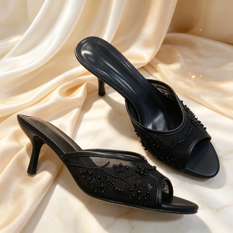 Women Open‑Toe Mule High‑Heel Sandals, Ivory Mesh With Floral Embroidery and Pearl Ornaments, Elegant Fairy Wedding Bridal Style