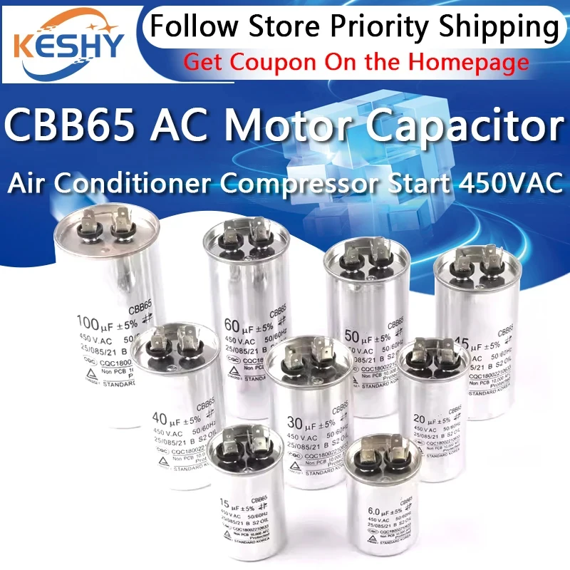 CBB65 Kondensator silnika AC Kondensator rozruchowy sprężarki klimatyzatora 450VAC 5uF 20uF 25uF 30uF 35uF 40uF 45uF 50uF 60uF 70uF 5% — zdjęcie produktu 6