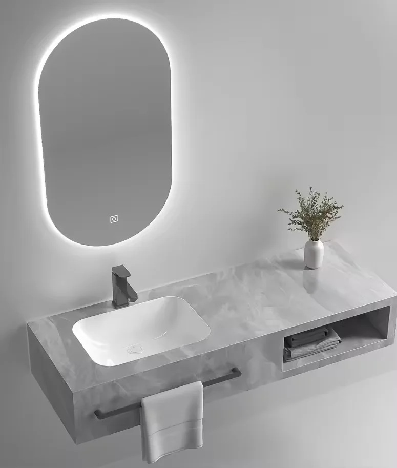 

Modern Designed China Manufactured Bathroom Vanity LED Bath Mirror Water-Resistant Wall-Mounted Marble Countertop For Hotels