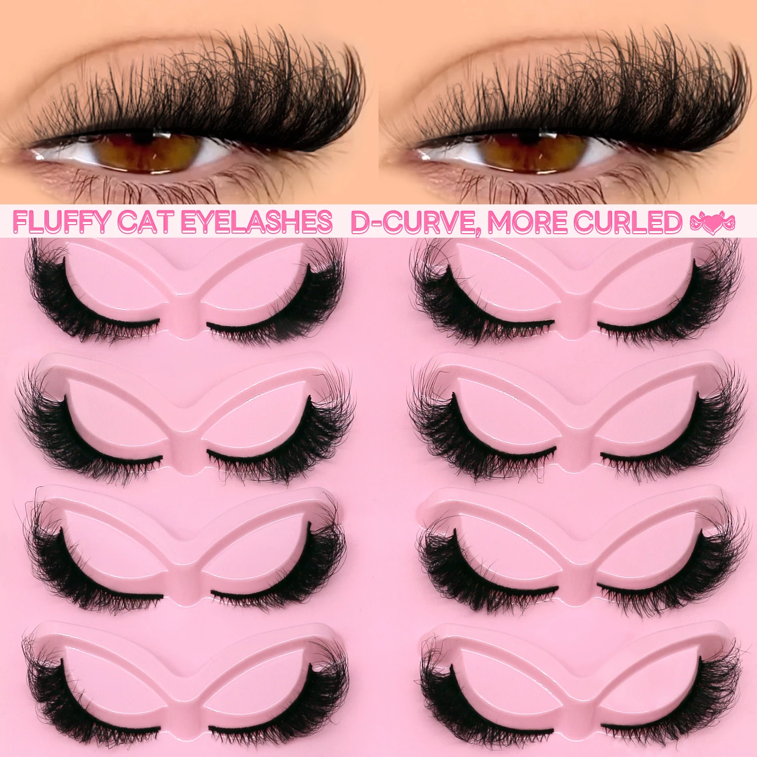 Lasvirey Fluffy Eyelashes Cat Eye Lashes 8D Fluffy Volume Fake Lashes Mixed Tray Dramatic Thick Faux Mink Lashes Extension