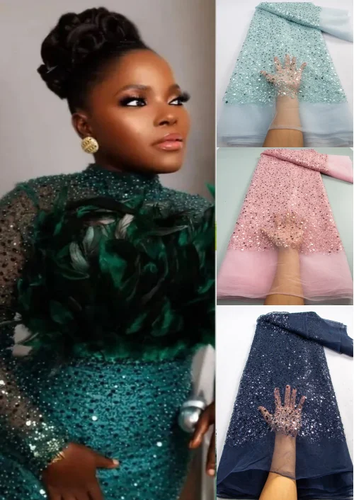 African Tulle Sequins Lace Fabric With Beads High Quality French Mesh Lace Fabric Nigerian Lace For Women Luxury Dresses TY3490