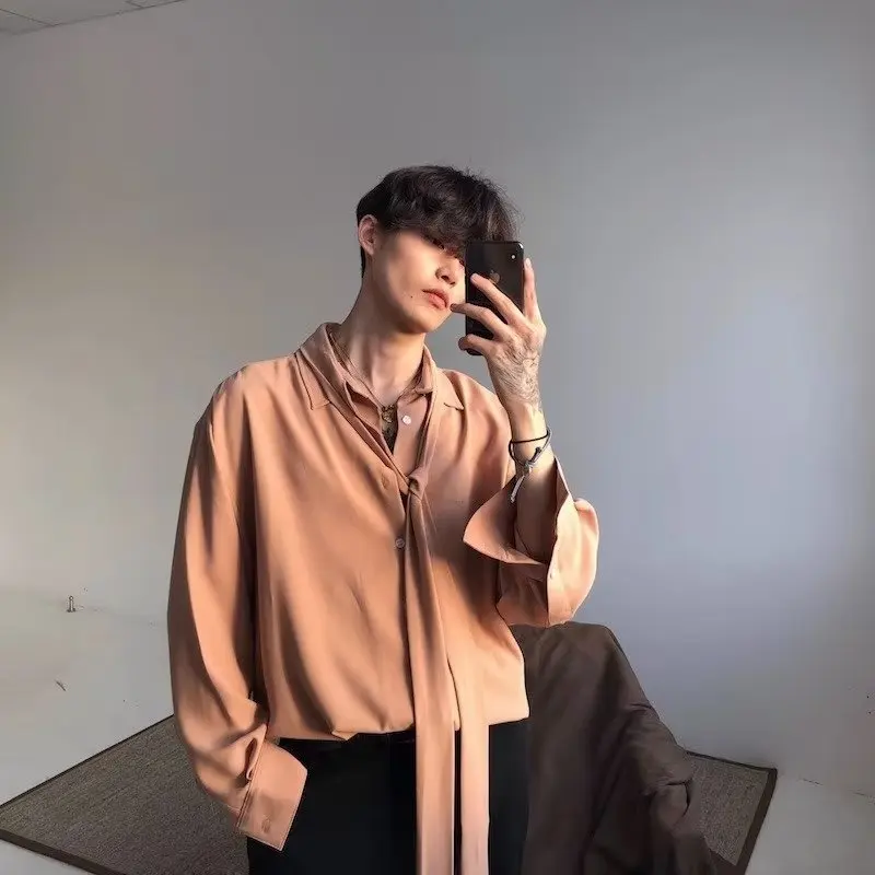  Hairstylist Long Sleeve Men's Shirt Trendy Korean Style Sharp Collar Pure Color Loose Fit Iron-Free Youthful Autumn