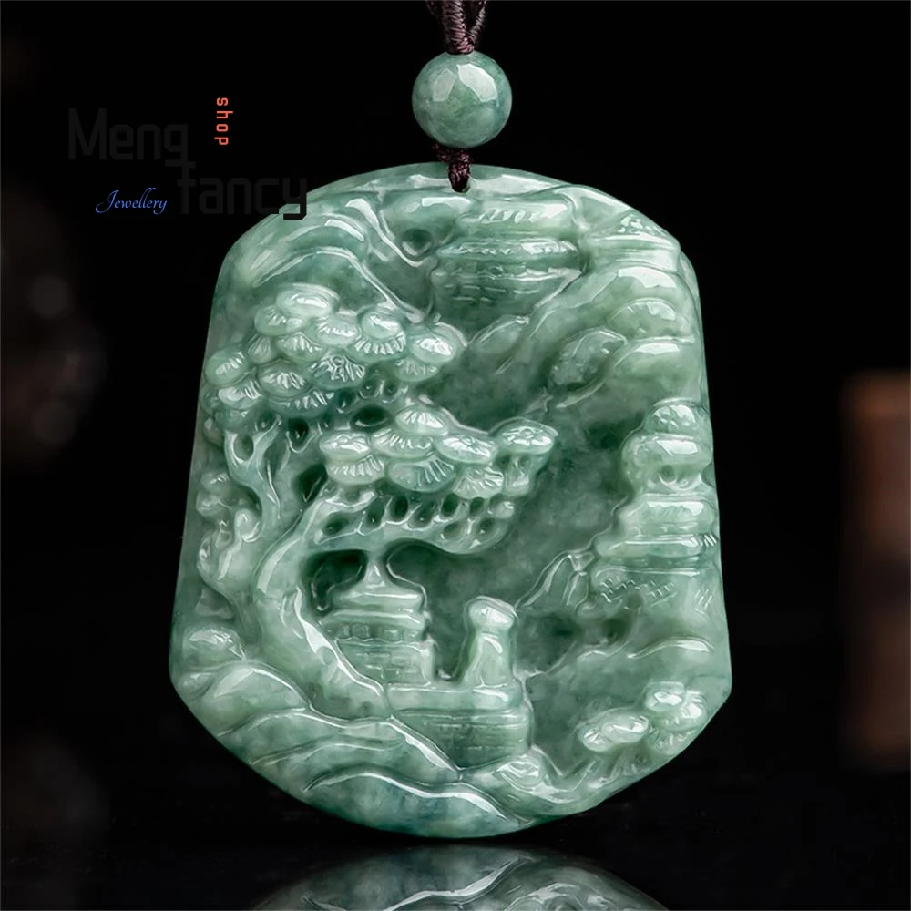 

Natural A-goods Jadeite Bean Green Landscape Plaque Double-sided Carving Jade Pendant Exquisite Handicraft Fashion Fine Jewelry