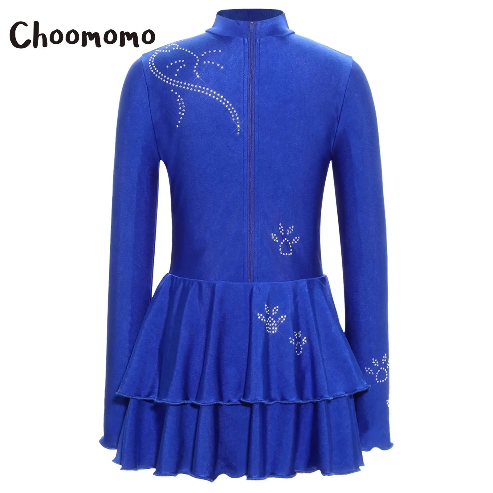 

Girls Figure Skating Leotard Dress Mock Neck Long Sleeve Tiered Ruffled Rhinestones Gymnastics Ballet Dance Performance Costume