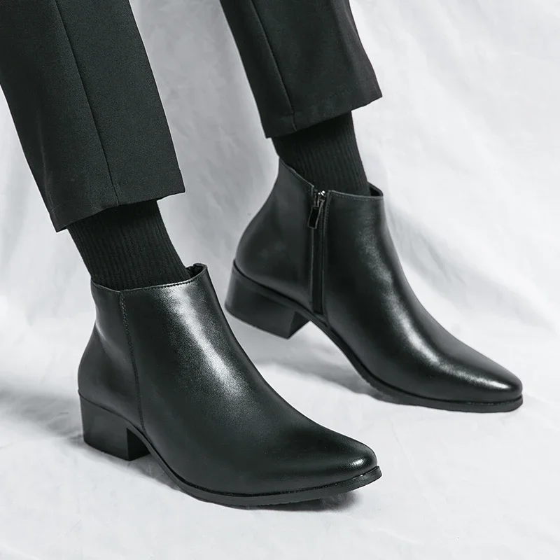 Klassische schwarze Leder-Stiefeletten für Herren und Damen im britischen Stil, Chelsea-Stiefel mit spitzer Zehenpartie, bequeme High-Top-Schuhe – Detail 9