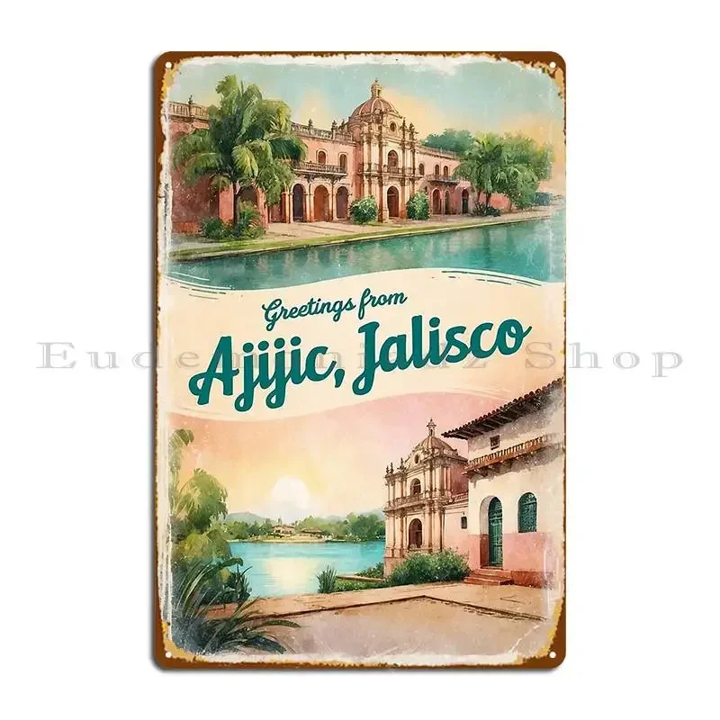 Placa Metálica Vintage de Ajijic, Jalisco, México, Ciudad Mágica, Estilo Postal, Personalizable, para Pub, Letrero de Hojalata, Póster