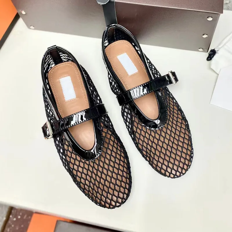 Designer Brand Original Genuine Leather Hollow Mesh Sandals For Women's Summer Round Toe Flat Ballet Dance Shoes