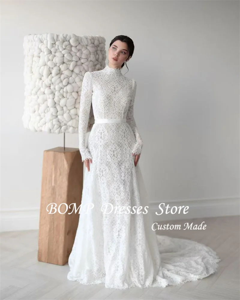 BOMP High Neck Long Sleeves Full Lace Wedding Dresses Modest Sweep Train Bridal Gowns Formal Dubai Arabic Women Customized