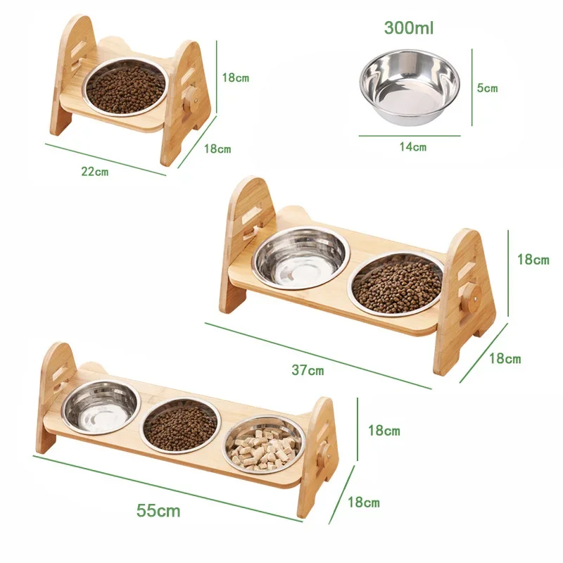 Bamboo Elevated Puppy Cat Bowls with Stand Adjustable RaisedCat Food Water Bowls Holder Rabbit Feeder for Small Medium Pet