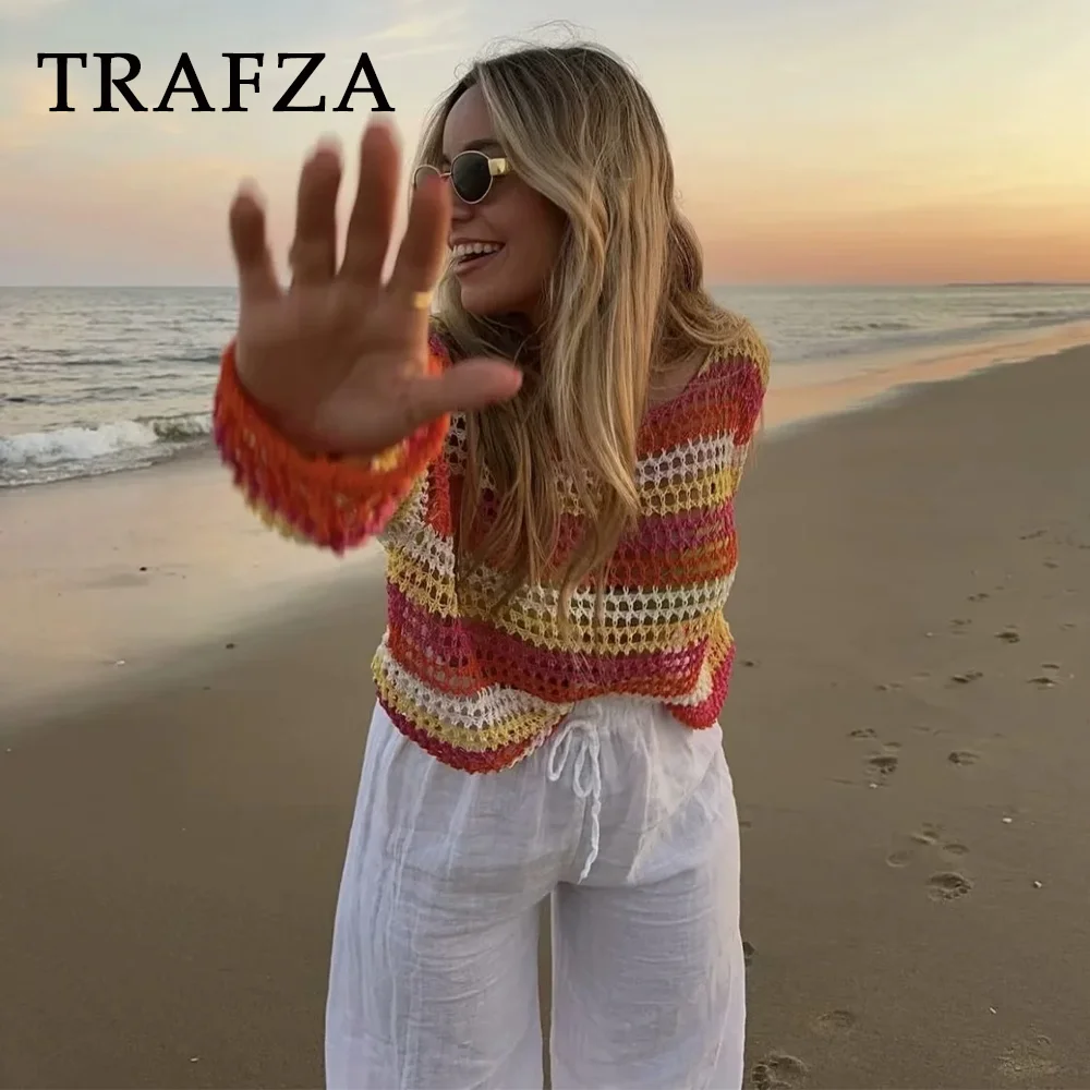 TRAFZA 2024 Spring Summer Casual Patchwork Women Sweaters Fashion Streetwear O Neck Crochet Striped Chic Ladies Loose Sweaters