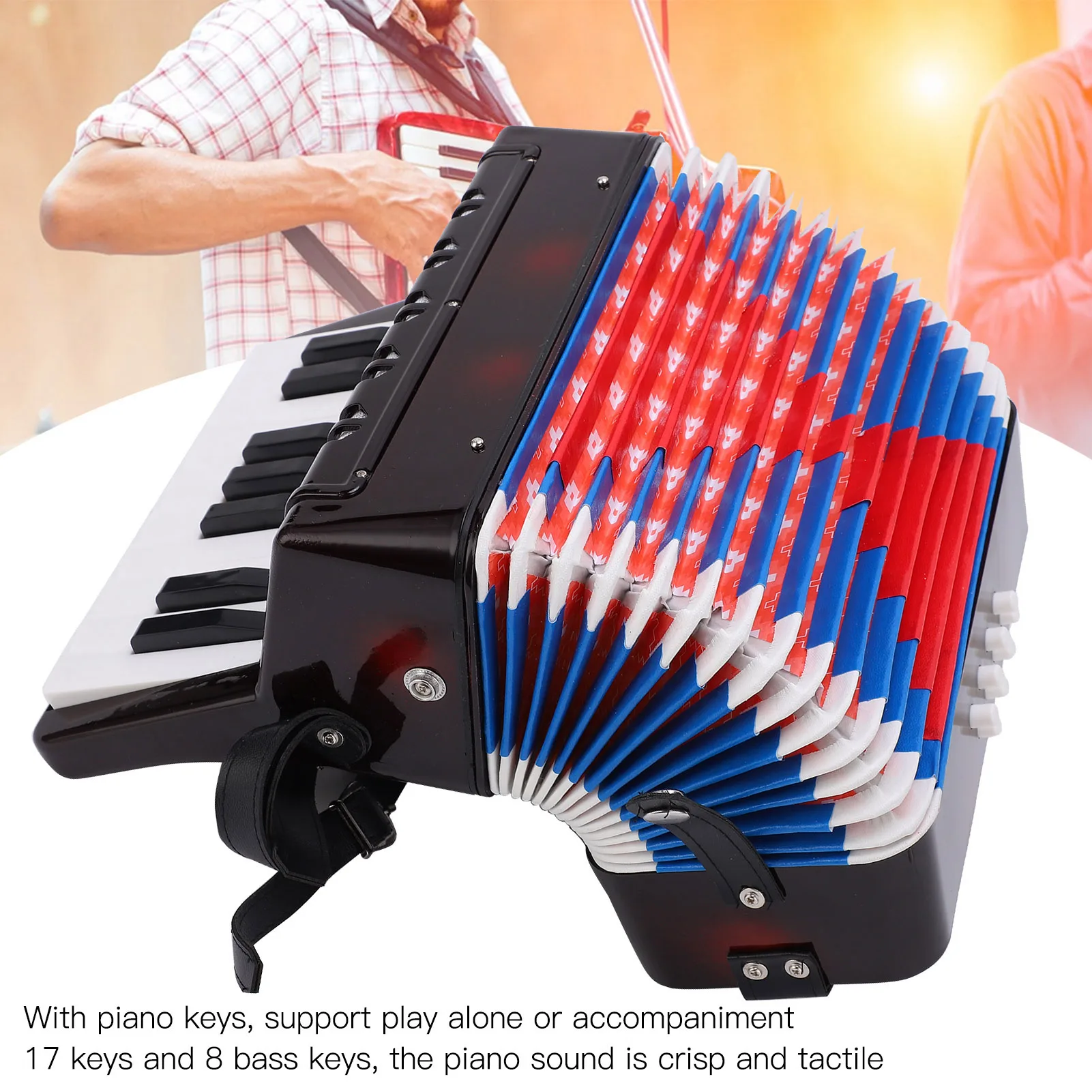 Accordion Musical Piano Keyboard Toy Rhythm Training Spring Instrument 17 Key 8 Bass Black