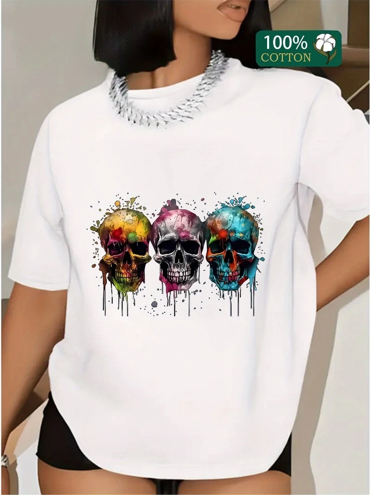 

Красочная женская футболка из чистого хлопка с принтом черепа и короткими рукавами, мягкий повседневный топ с круглым вырезом, удобная и свободная повседневная одежда