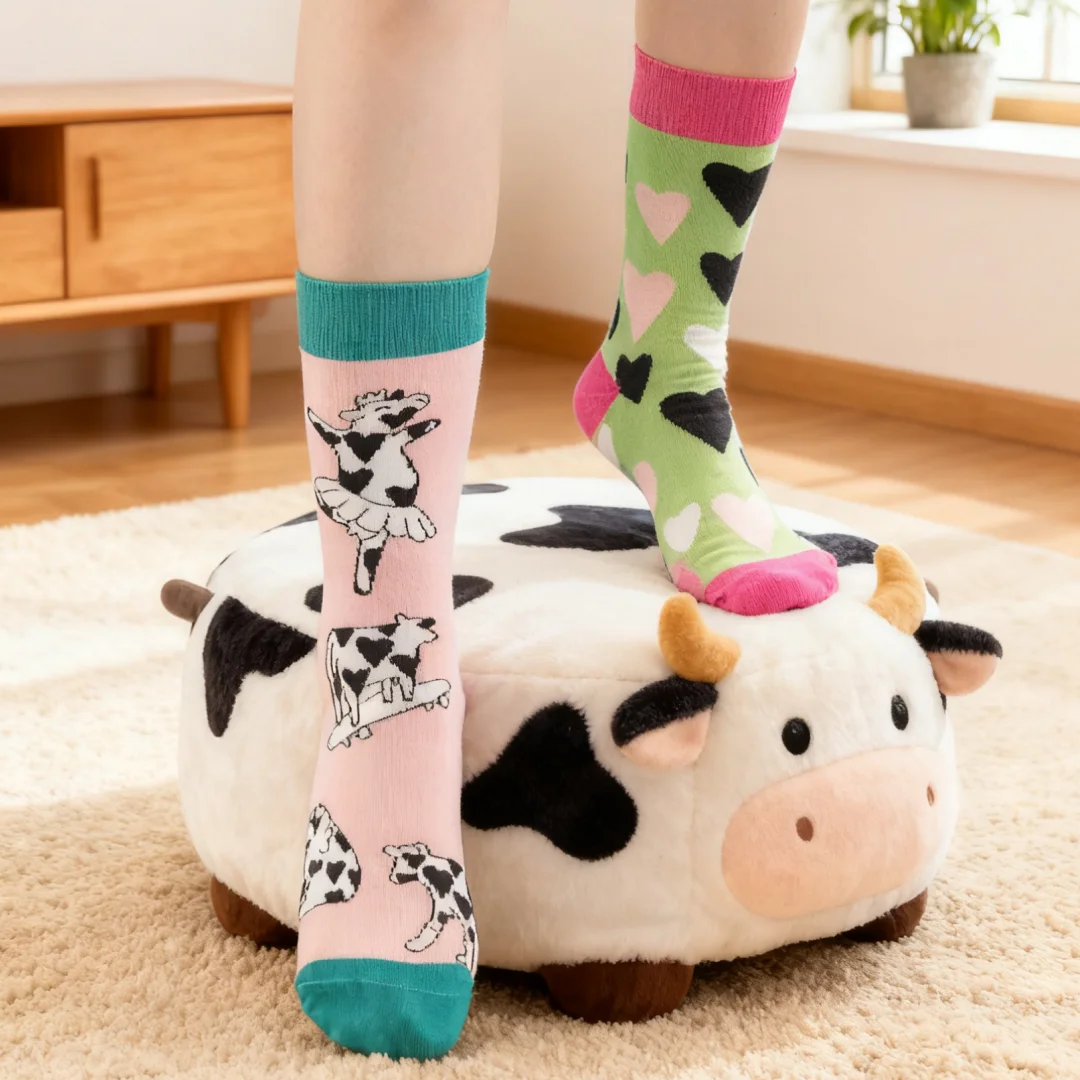 1 pair of fashionable cartoon-style socks featuring a heart-shaped, asymmetrical cow print design; suitable for unisex