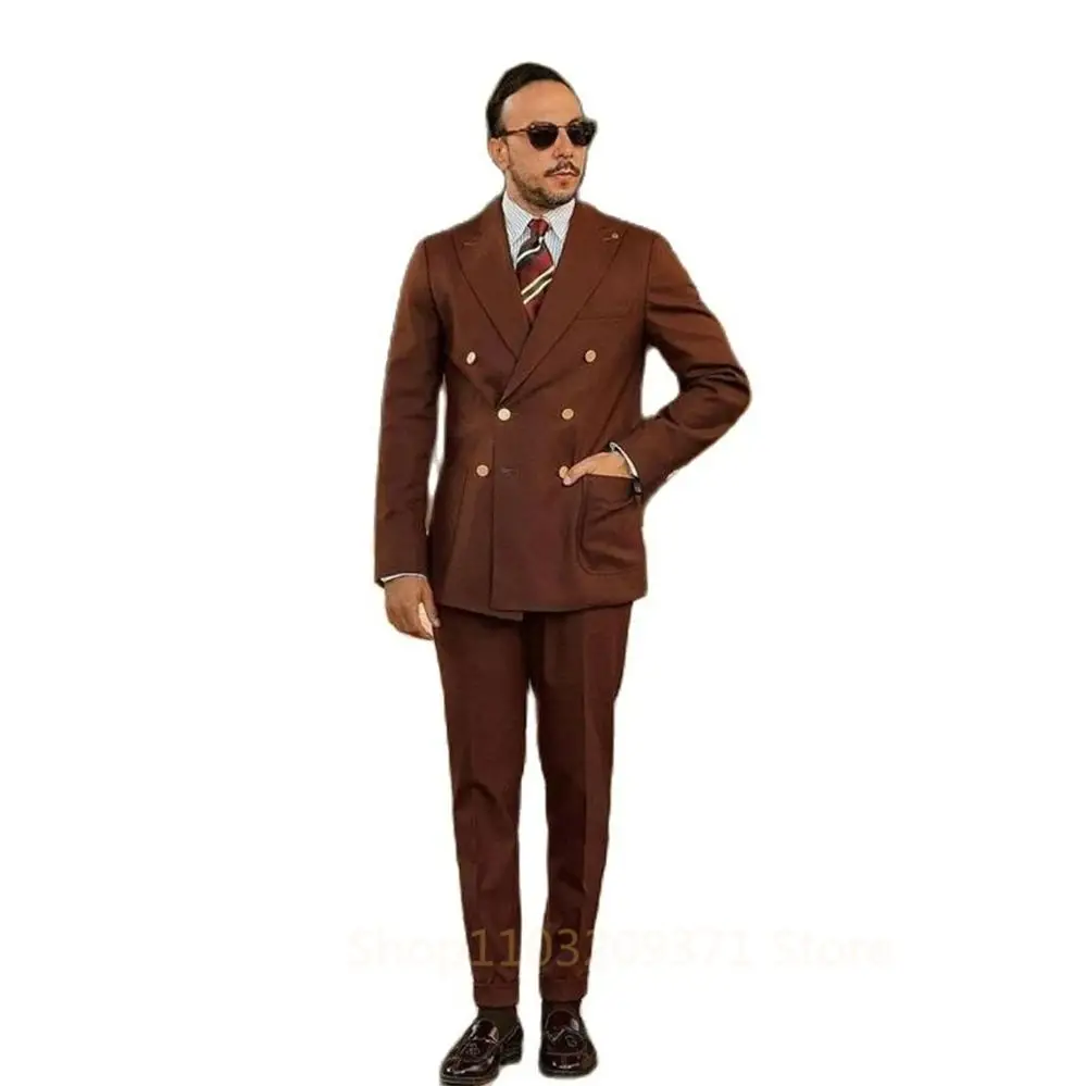 New Brown Men Business Suit Groom Groomsman Tuxedos Wedding Party Prom Casual Formal Occasion 2 Piece Set Jacket Pants