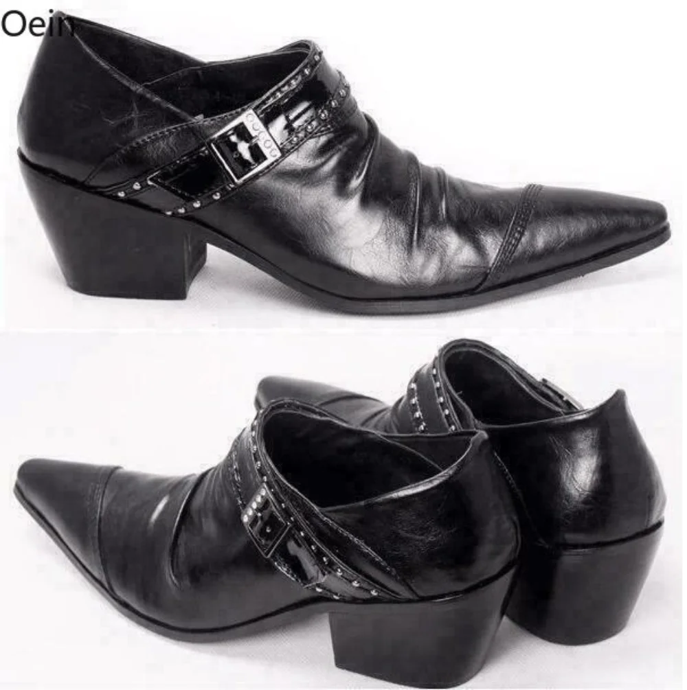 Mens Real Leather Pointed Toe Med Cuban Heels Rivets Formal Buckle Club Shoes Wingtip Dress Business Black White Wedding New