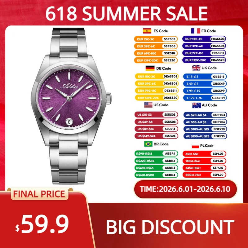 

ADDIES Luxury Quartz Watch for Woman Sapphire Glass BGW9 Super Luminous 316L Stainless Steel 5Bar Waterproof Ladies Wristwatch