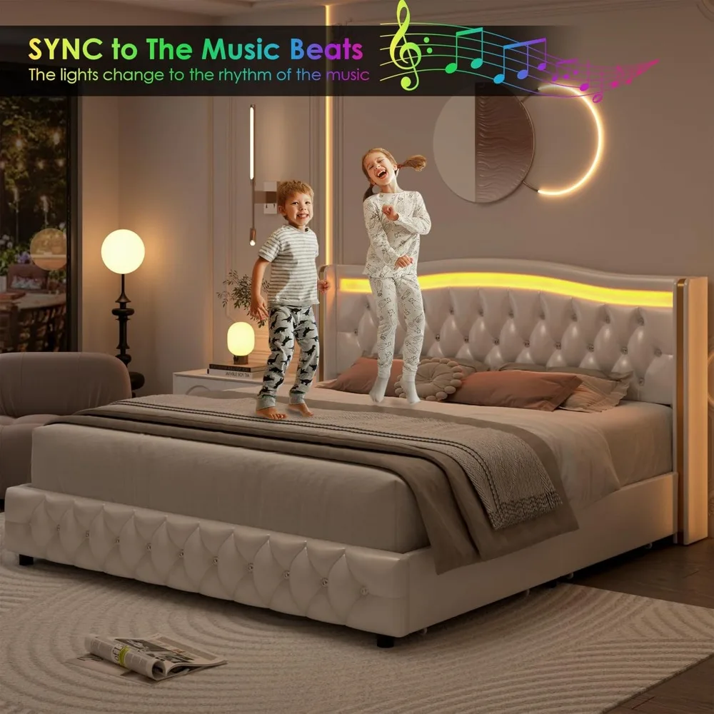 Queen Smart LED Platform Bed Frame w 4 Storage Drawers, Crystal Button-Tufted & Stainless Gold Trim Wingback Headboard