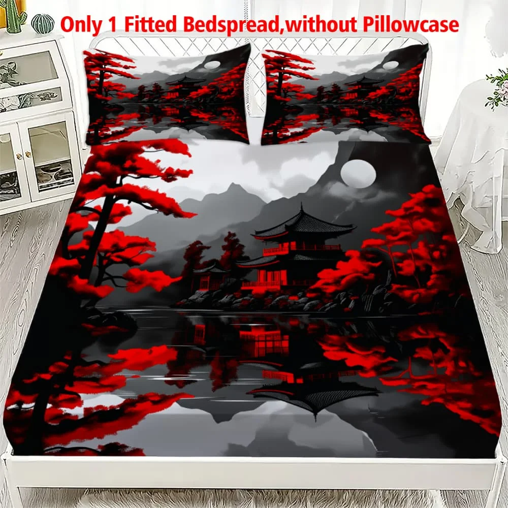 1pc Japanese Red Pine & Pagoda Print Fitted Sheet Deep Pocket Elastic Mattress Cover Single Double Queen King Bedroom Decor