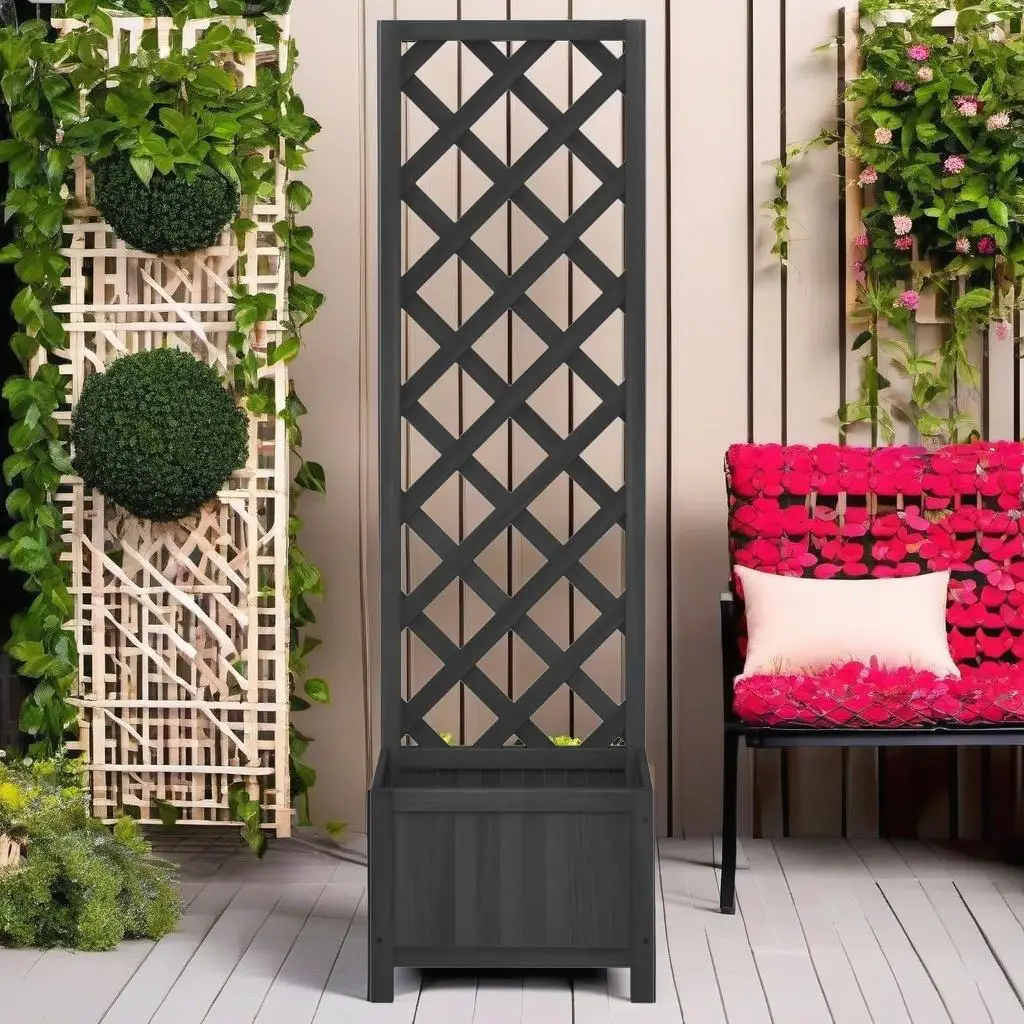 

Solid Wood Fir Planter with Trellis - Stylish Black Garden Decor for Plants