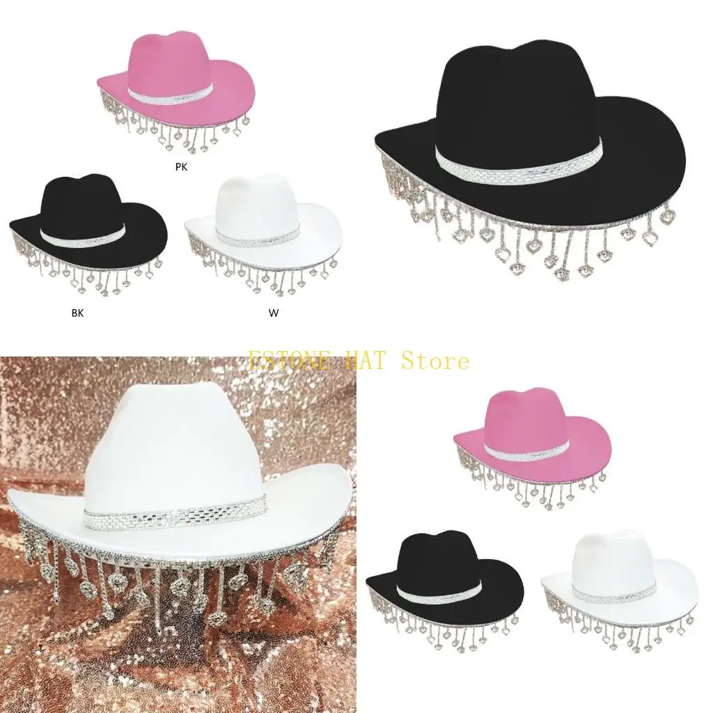 49MF Delicate Cowgirl Hat with Glistening Tassels Western Cowboy Hat for Stage