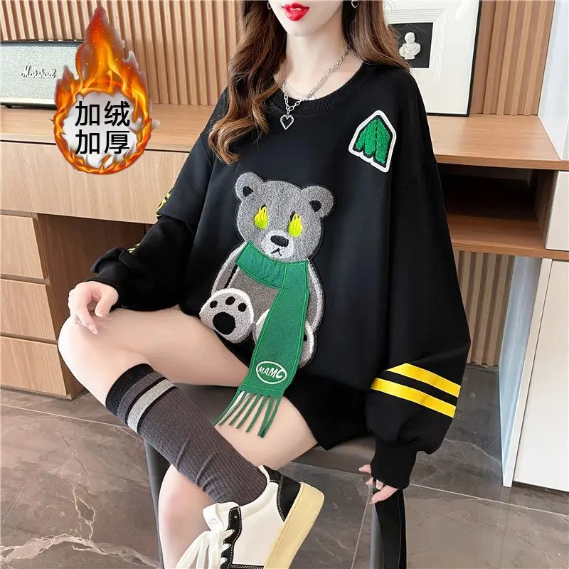 Cartoon Bear Embroidery Round Neck Sweater Women\'s Loose Autumn And Winter Plus Velvet Thick Foreign Style