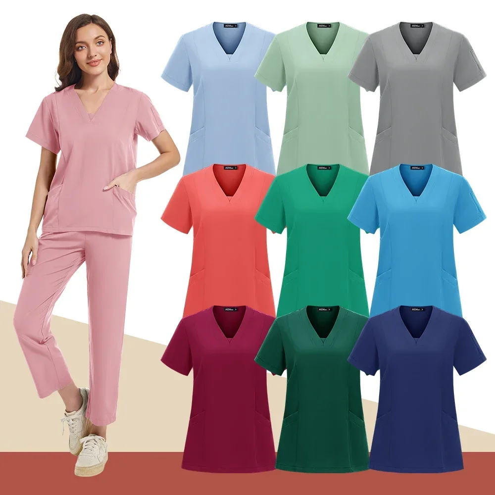 

Multicolour Jogger Suits Doctor Nursing Uniforms Short Sleeve V-neck Tops Pocket Pants Nurse Scrubs Set Medical Clinical Clothes